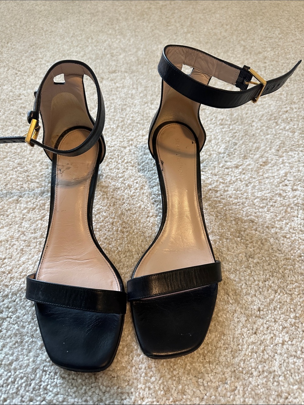 Stuart Weitzman Black Leather Ankle-Strap Heeled Sandals